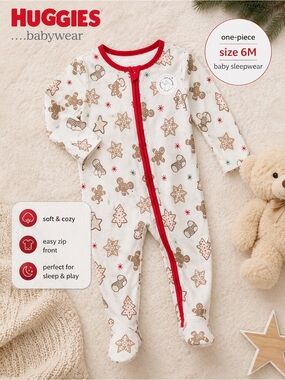 Huggies Cream & Red Trim Holiday Footie One-Piece